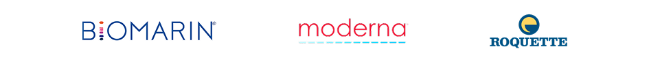 Logos of pharmaceutical companies including BioMarin Pharmaceutical Inc, moderna and Roquette